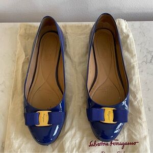 Ferragamo Varina Patent Leather Blue Flats